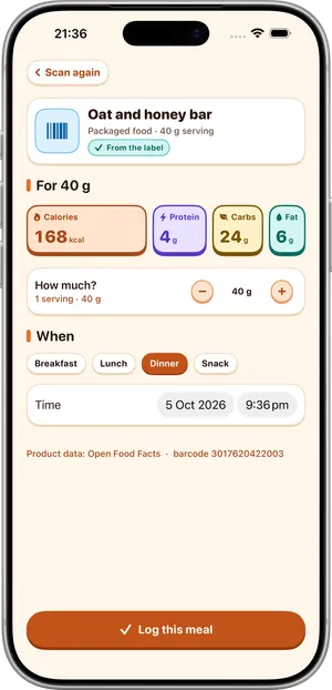 A packaged product found by barcode in Luca on iPhone: Oat and honey bar, four nutrition boxes for a 40 g serving, a serving stepper and a line saying where the product data comes from