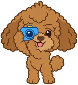 Luca, a golden-ginger toy poodle, holding a small blue camera