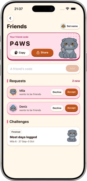 Friends in Luca on iPhone: a 4-character friend code with Copy and Share beside Mino the grey cat, and friend requests with Accept and Decline