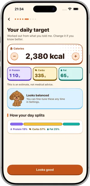 Your daily target in Luca on iPhone: a calorie target with plus and minus buttons, targets for protein, carbs and fat, and the line This is an estimate, not medical advice