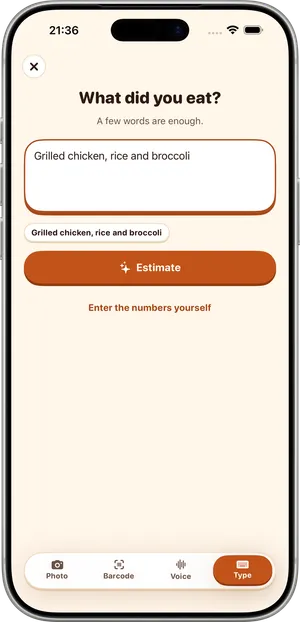 Typing a meal in Luca on iPhone: Grilled chicken, rice and broccoli in the What did you eat? field, above an Estimate button