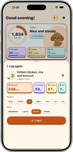 Log again in Luca on iPhone: a saved meal with its four numbers, portion choices from half to triple and a Log it button