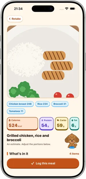 A result in Luca on iPhone: four boxes for calories, protein, carbs and fat, the meal name, the line An estimate, adjust the portions below, and a Log this meal button