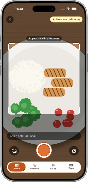 Luca's camera on iPhone: a drawn sample meal inside a square frame labelled Fit your meal in the square, with Photo, Barcode, Voice and Type below