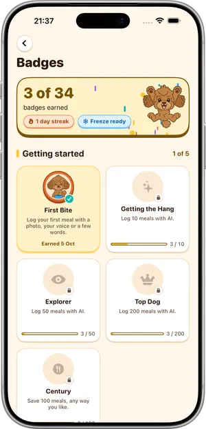 Badges in Luca on iPhone: the number of badges earned, the day streak, a Freeze ready chip, and a grid of earned and locked badges